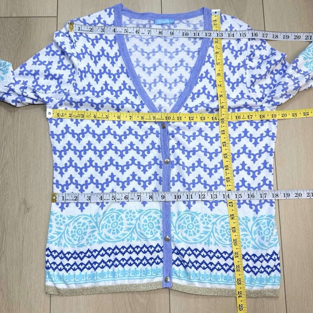 J McLaughlin Cardigan Womens L Blue White Print Button Front Knit 3/4 Sleeve Top - Picture 5 of 6